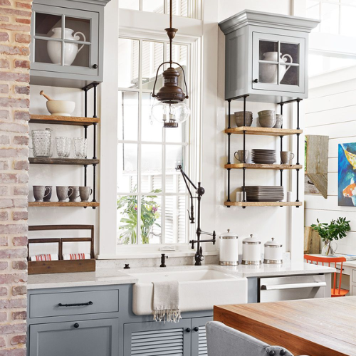 white oak kitchen cabinets featuring open shelving